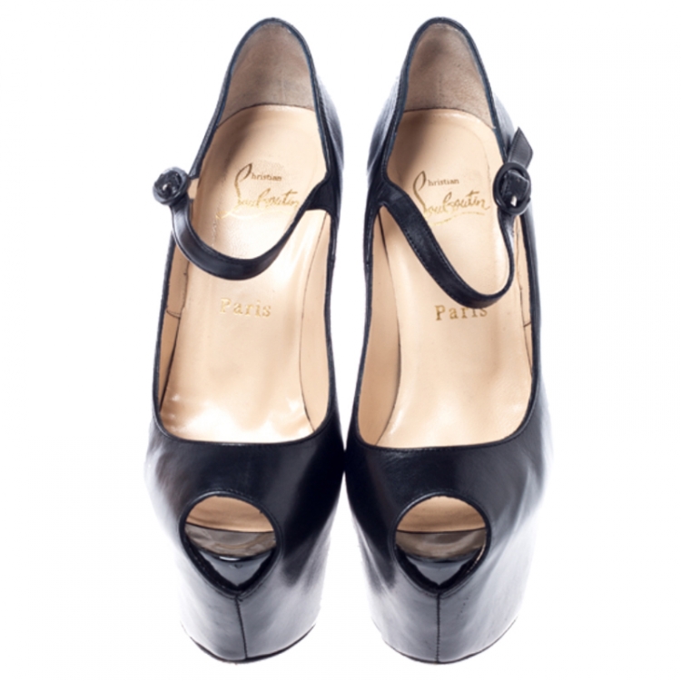 Pre Owned Christian Louboutin Black Leather Lady Highness Daf Peep Toe Mary Jane Pumps Size 37