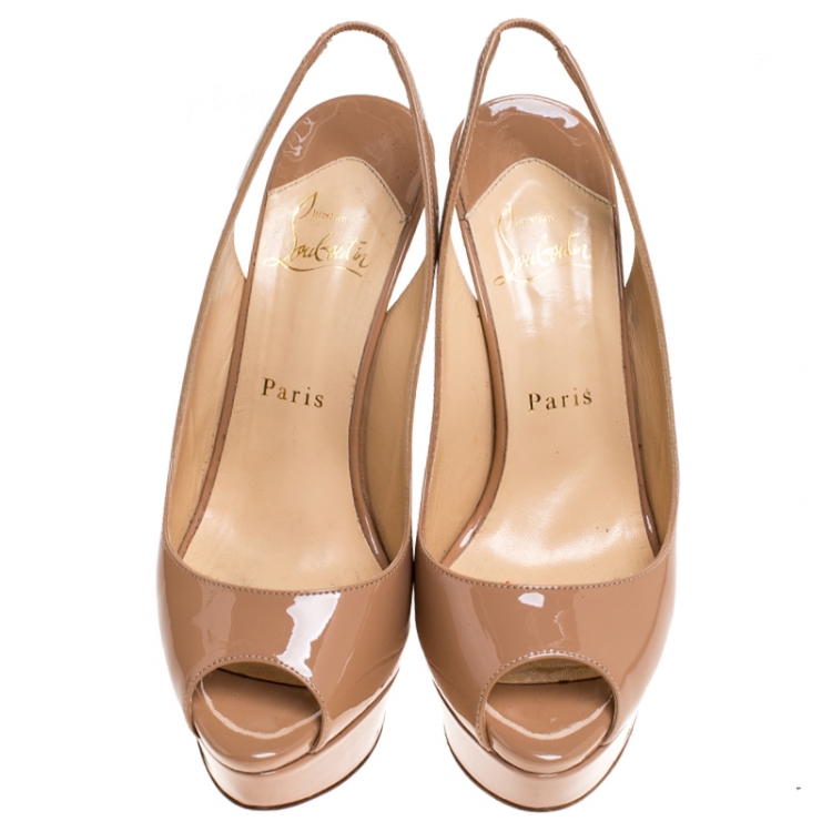 Pre Owned Christian Louboutin Beige Patent Leather Lady Peep Toe Slingback Platform Sandals Size 37