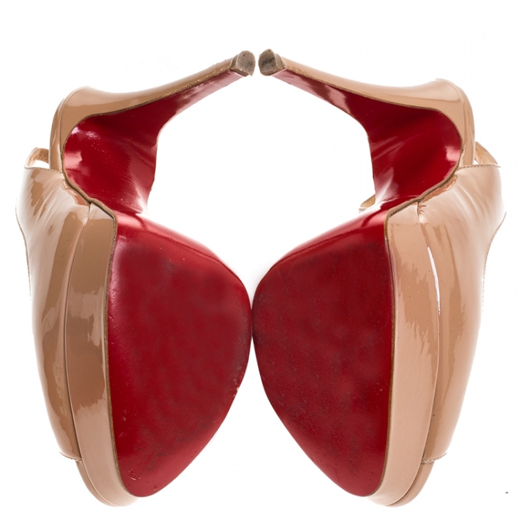 Pre Owned Christian Louboutin Beige Patent Leather Lady Peep Toe Slingback Platform Sandals Size 37