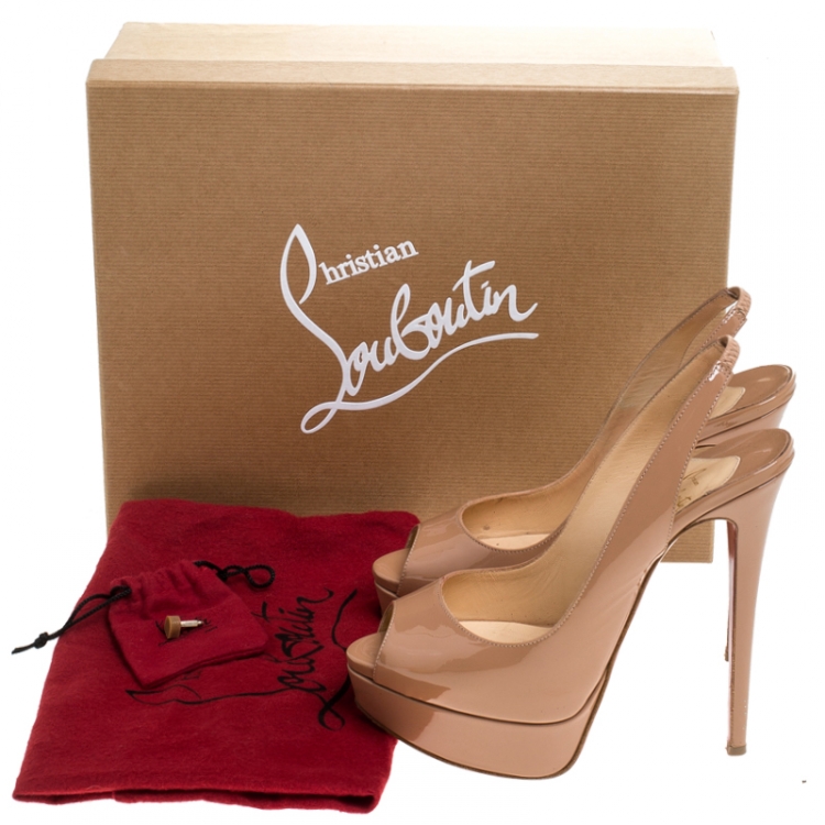 Pre Owned Christian Louboutin Beige Patent Leather Lady Peep Toe Slingback Platform Sandals Size 37