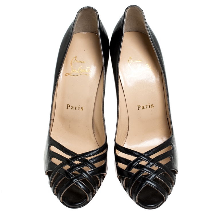 Pre Owned Christian Louboutin Black Cut Out Leather Peep Toe So Kate Pumps Size 37.5