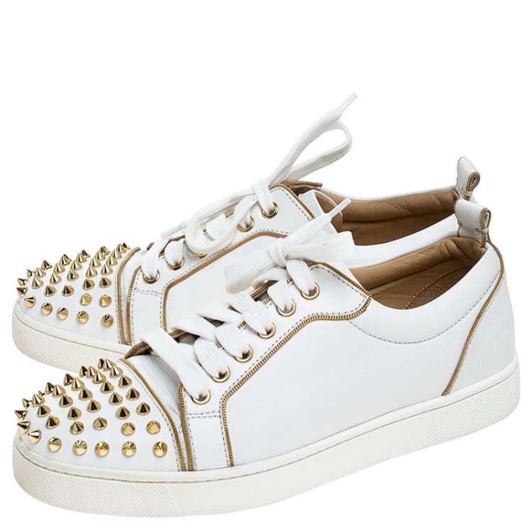 Pre Owned Christian Louboutin White/Gold Leather Louis Junior Spikes Sneakers Size 37