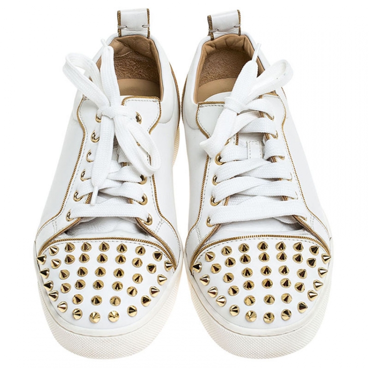 Pre Owned Christian Louboutin White/Gold Leather Louis Junior Spikes Sneakers Size 37