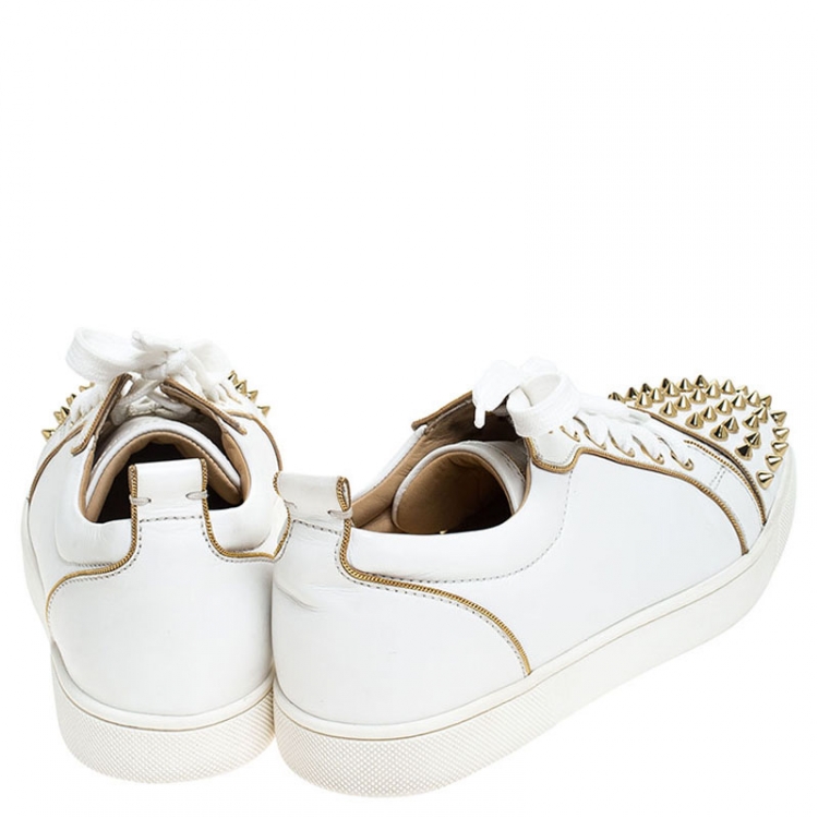 Christian Louboutin White/Gold Leather Louis Junior Spikes Sneakers ...