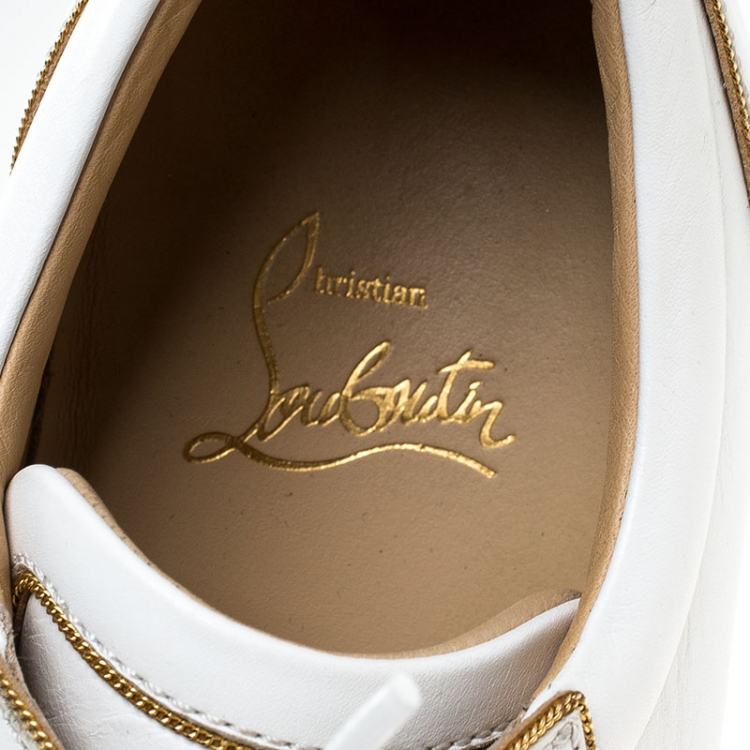 Pre Owned Christian Louboutin White/Gold Leather Louis Junior Spikes Sneakers Size 37