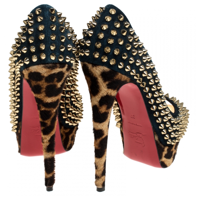 Pre Owned Christian Louboutin Blue Suede and Leopard Pony Hair Spiked Lady Peep Toe Platform Pumps Size 37