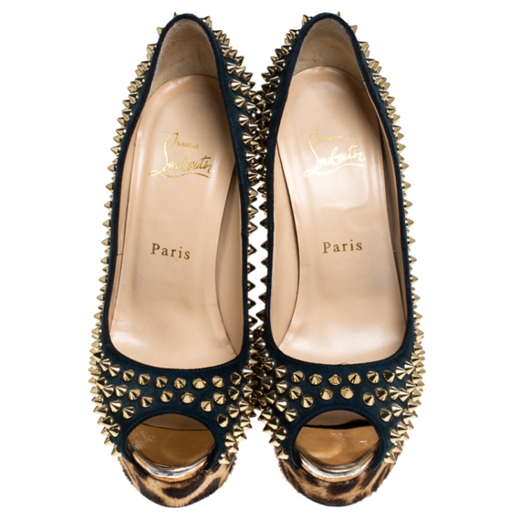 Pre Owned Christian Louboutin Blue Suede and Leopard Pony Hair Spiked Lady Peep Toe Platform Pumps Size 37