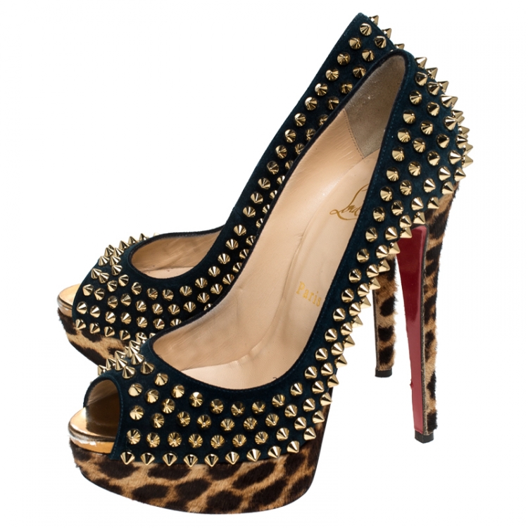 Pre Owned Christian Louboutin Blue Suede and Leopard Pony Hair Spiked Lady Peep Toe Platform Pumps Size 37