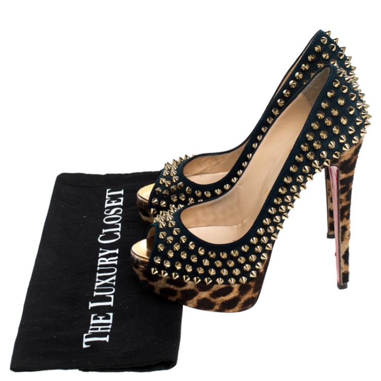 Pre Owned Christian Louboutin Blue Suede and Leopard Pony Hair Spiked Lady Peep Toe Platform Pumps Size 37