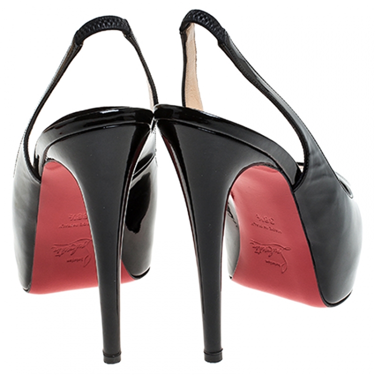 Pre Owned Christian Louboutin Black Patent Leather Private Number Peep Toe Slingback Sandals Size 38.5