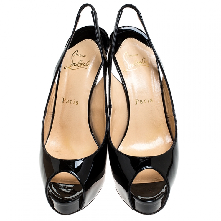 Pre Owned Christian Louboutin Black Patent Leather Private Number Peep Toe Slingback Sandals Size 38.5