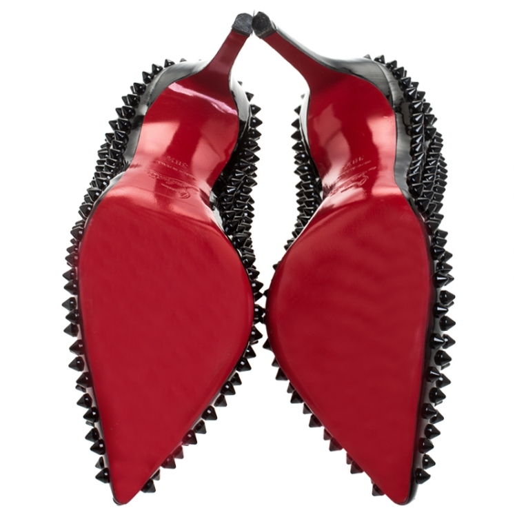 Pre Owned Christian Louboutin Black Patent Leather Spike Pointed Toe Pumps Size 38.5