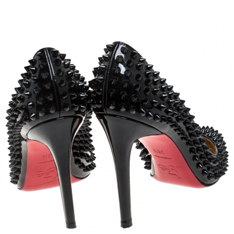 Pre Owned Christian Louboutin Black Patent Leather Spike Pointed Toe Pumps Size 38.5