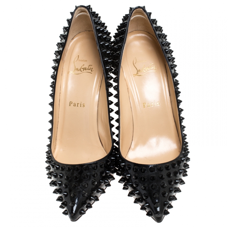 Pre Owned Christian Louboutin Black Patent Leather Spike Pointed Toe Pumps Size 38.5