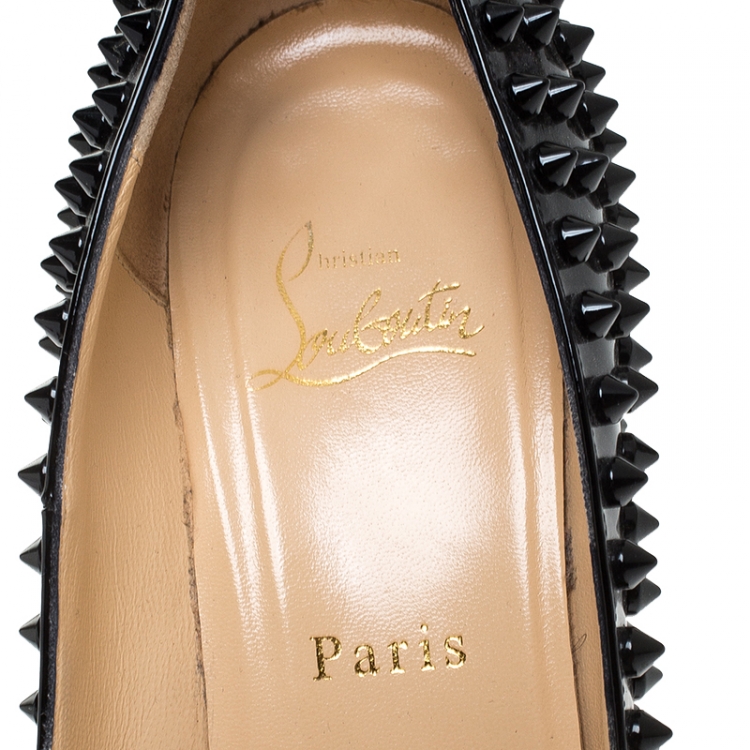 Pre Owned Christian Louboutin Black Patent Leather Spike Pointed Toe Pumps Size 38.5
