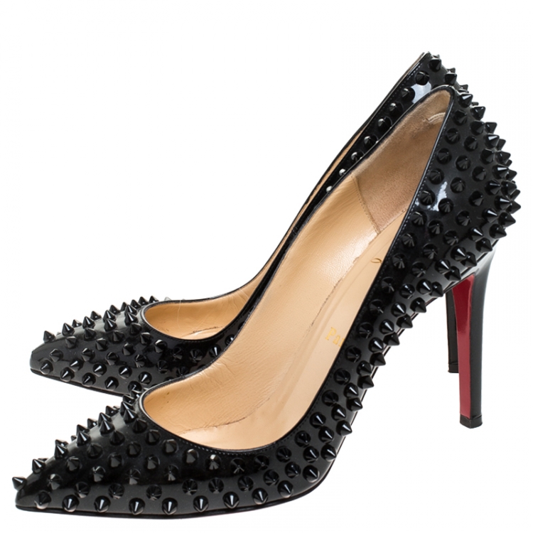 Pre Owned Christian Louboutin Black Patent Leather Spike Pointed Toe Pumps Size 38.5