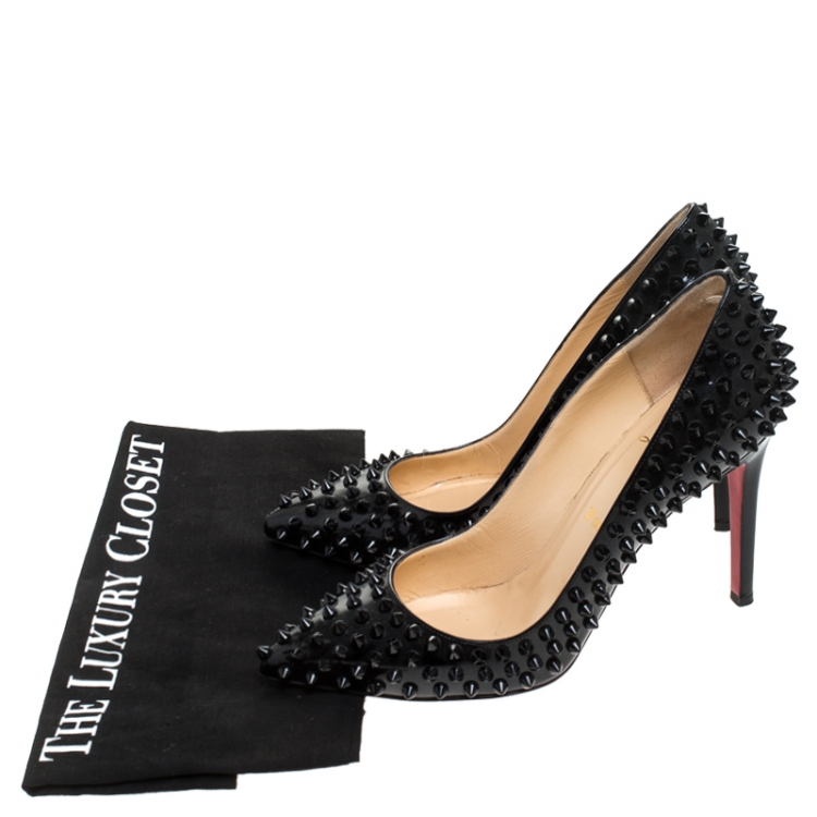 Pre Owned Christian Louboutin Black Patent Leather Spike Pointed Toe Pumps Size 38.5