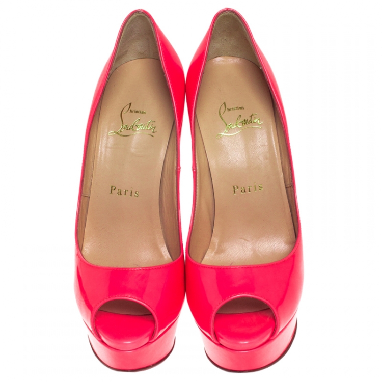 Pre Owned Christian Loubuton Bright Fluorescent Neon Red Leather Lady Peep Toe Platform Pumps Size 36.5