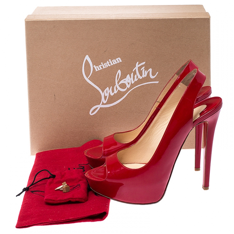 Pre Owned Christian Louboutin Red Patent Leather Private Number Peep Toe Platform Sandals Size 38.5