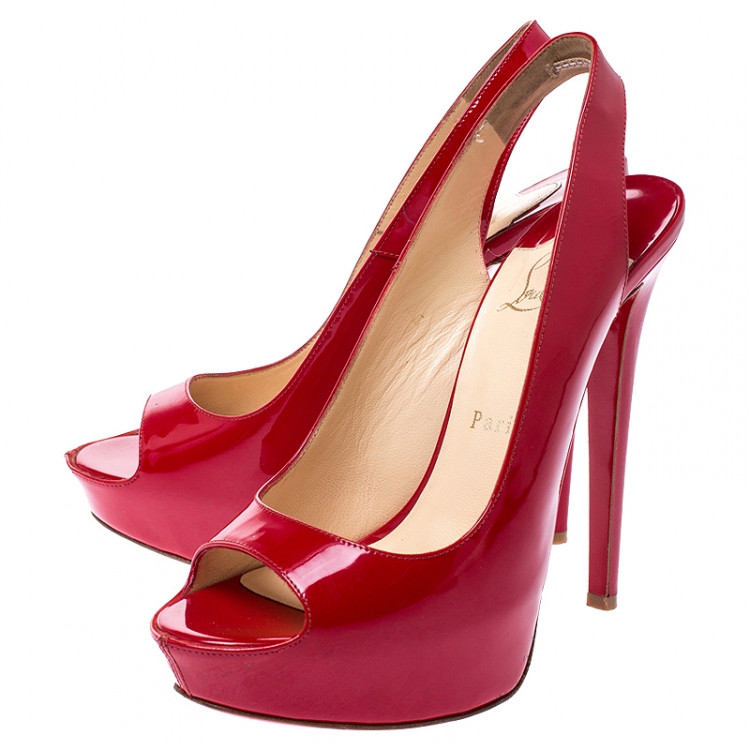 Pre Owned Christian Louboutin Red Patent Leather Private Number Peep Toe Platform Sandals Size 38.5
