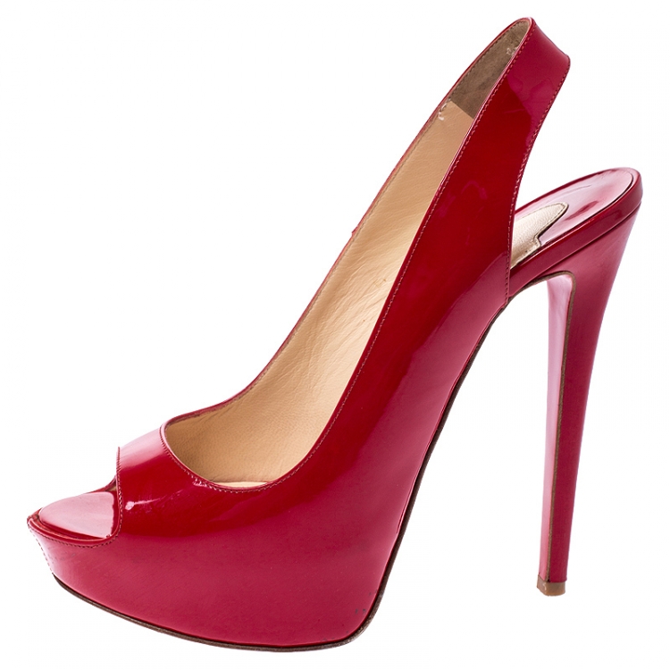 Pre Owned Christian Louboutin Red Patent Leather Private Number Peep Toe Platform Sandals Size 38.5