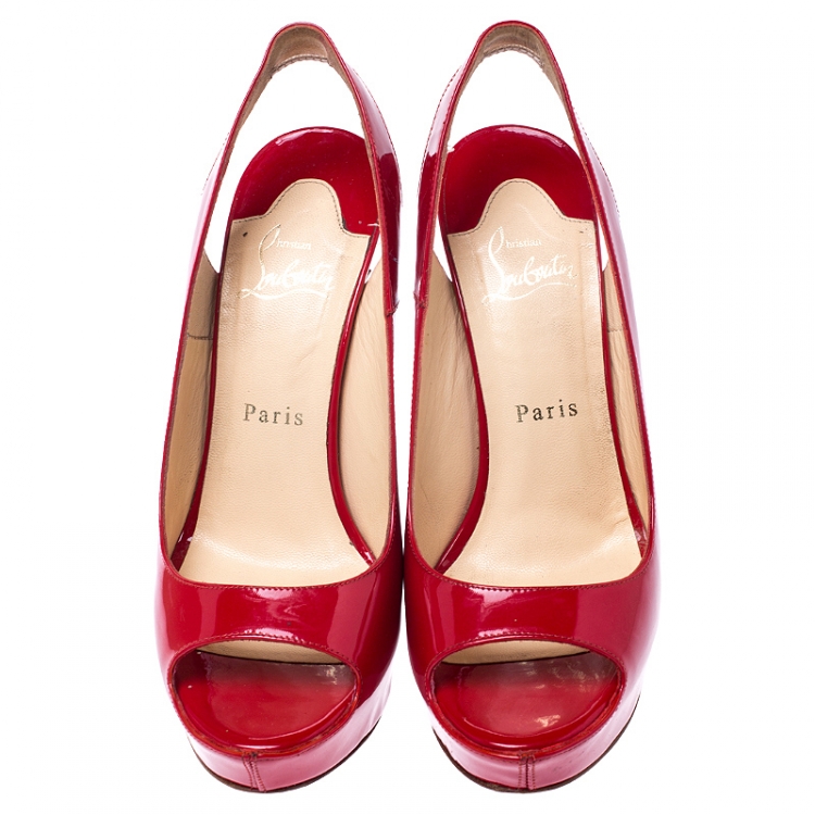 Pre Owned Christian Louboutin Red Patent Leather Private Number Peep Toe Platform Sandals Size 38.5