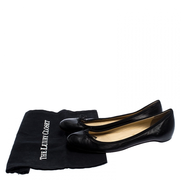 Pre Owned Christian Louboutin Black Leather Bow Ballet Flats Size 40.5