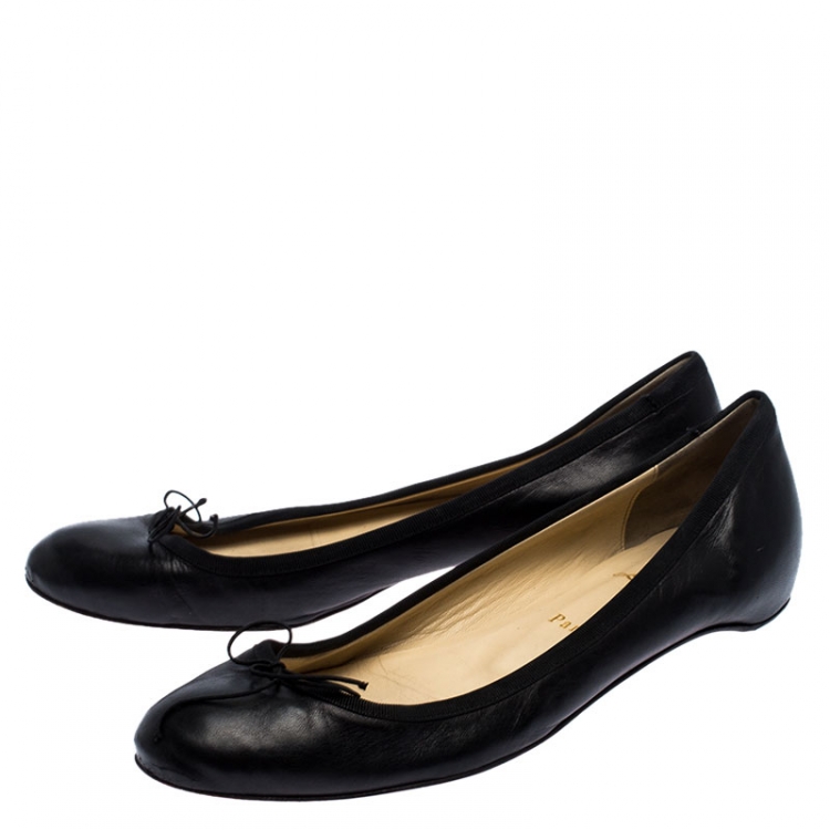 Pre Owned Christian Louboutin Black Leather Bow Ballet Flats Size 40.5
