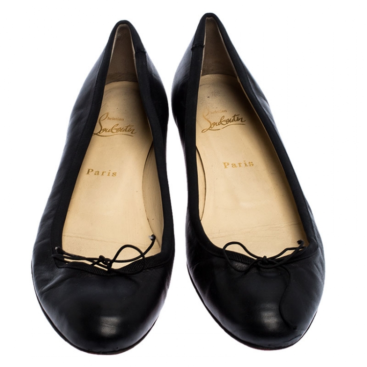 Pre Owned Christian Louboutin Black Leather Bow Ballet Flats Size 40.5