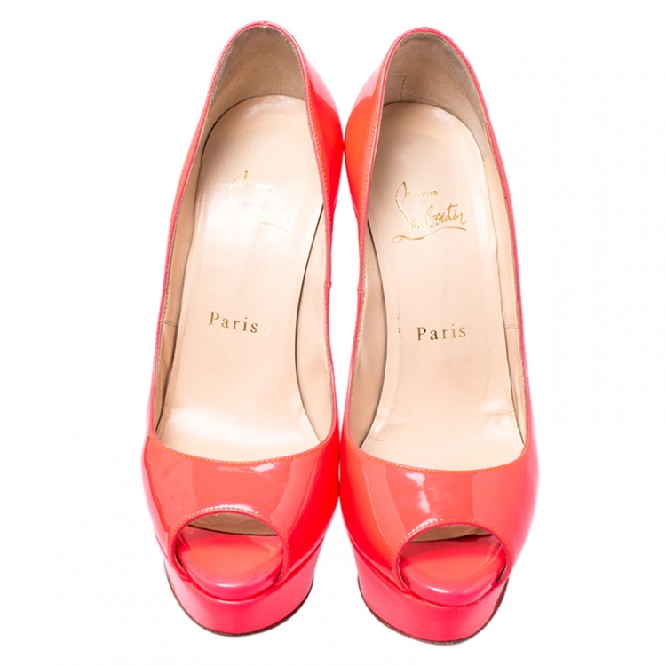 Pre Owned Christian Louboutin Bright Fluorescent Red Patent Leather Lady Peep Toe Platform Pumps Size 36