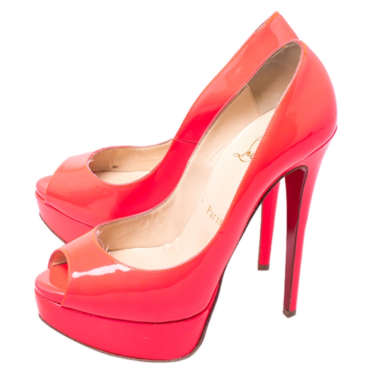 Pre Owned Christian Louboutin Bright Fluorescent Red Patent Leather Lady Peep Toe Platform Pumps Size 36