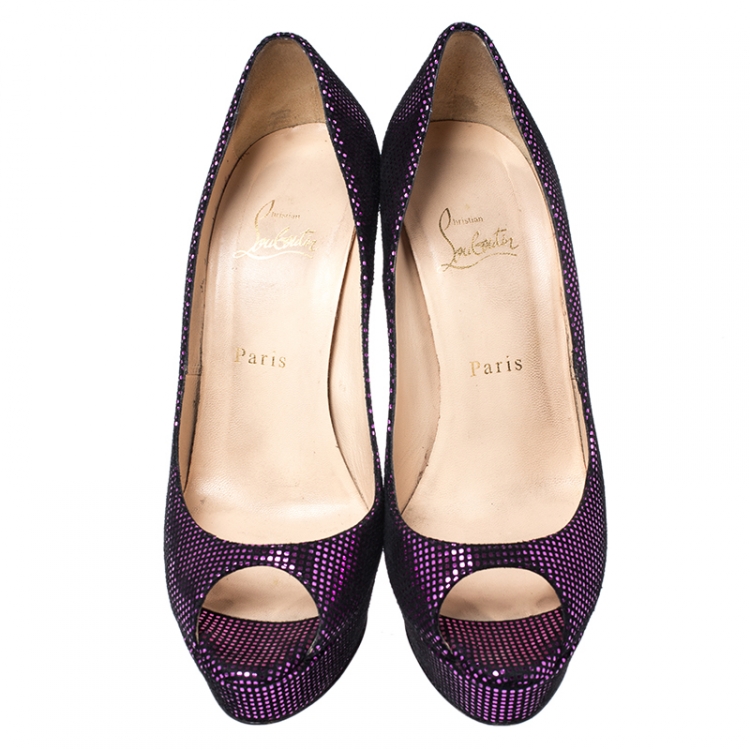 Pre Owned Christian Louboutin Purple/Black Suede Lady Peep Toe Pumps Size 38.5