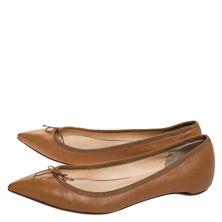 Pre Owned Christian Louboutin Beige Leather Bow Pointed Toe Ballet Flats Size 38.5