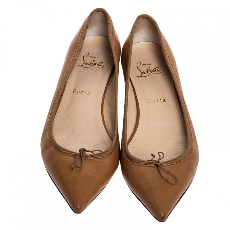Pre Owned Christian Louboutin Beige Leather Bow Pointed Toe Ballet Flats Size 38.5