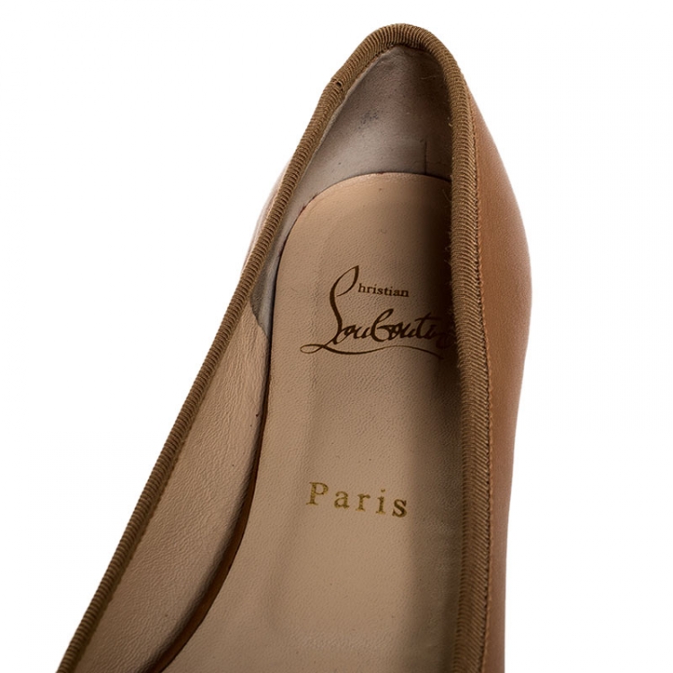 Pre Owned Christian Louboutin Beige Leather Bow Pointed Toe Ballet Flats Size 38.5