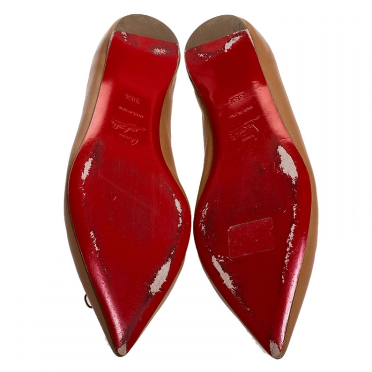 Pre Owned Christian Louboutin Beige Leather Bow Pointed Toe Ballet Flats Size 38.5