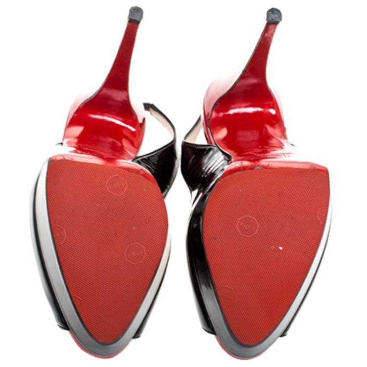 Pre Owned Christian Louboutin Black/Red Patent Leather Private Number Peep Toe Slingback Sandals Size 40
