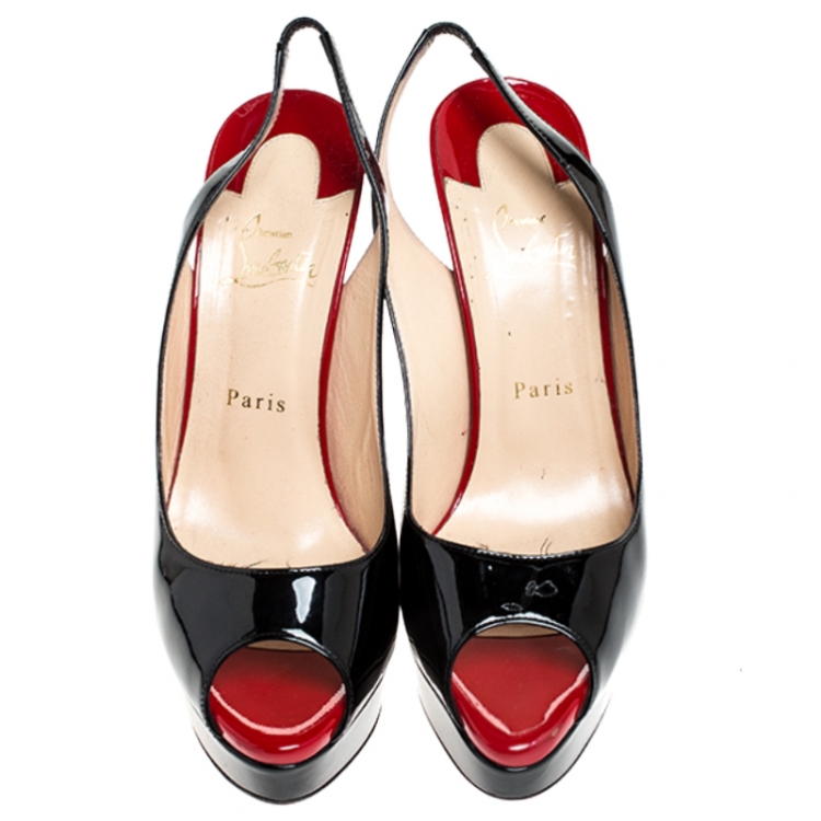 Pre Owned Christian Louboutin Black/Red Patent Leather Private Number Peep Toe Slingback Sandals Size 40