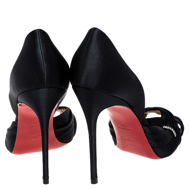 Pre Owned  Christian Louboutin Black Pleated Crisscross Satin Peep Toe D'orsay Sandals Size 37