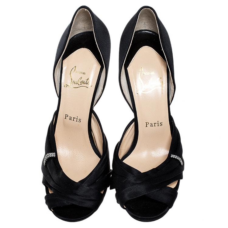 Pre Owned  Christian Louboutin Black Pleated Crisscross Satin Peep Toe D'orsay Sandals Size 37