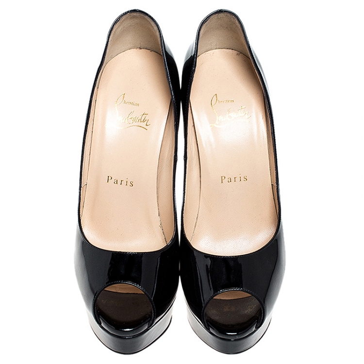 مملوكة مسبقًا Christian Louboutin Black Patent Leather Lady Peep Toe Platform Pumps Size 37.5