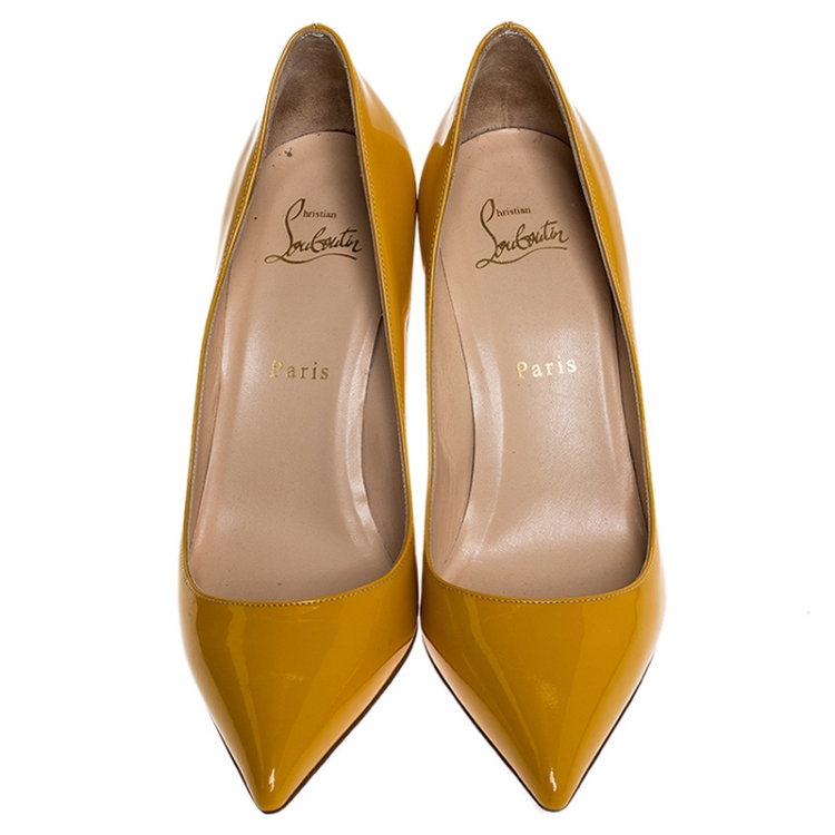 Pre Owned Christian Louboutin Mustard Patent Leather Pigalle Pointed Toe Pumps Size 38