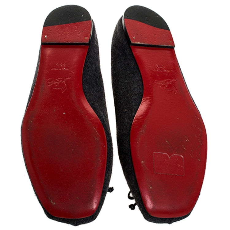 Pre Owned Christian Louboutin Grey Wool And Black Grosgrain Trim Rosella Bow Ballet Flats Size 38.5