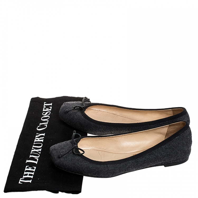 Pre Owned Christian Louboutin Grey Wool And Black Grosgrain Trim Rosella Bow Ballet Flats Size 38.5