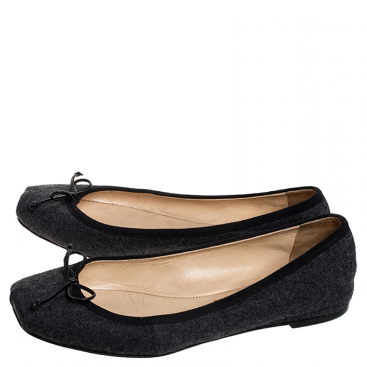 Pre Owned Christian Louboutin Grey Wool And Black Grosgrain Trim Rosella Bow Ballet Flats Size 38.5