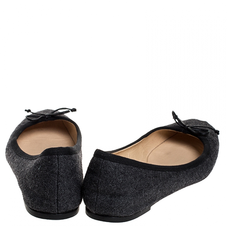 Pre Owned Christian Louboutin Grey Wool And Black Grosgrain Trim Rosella Bow Ballet Flats Size 38.5