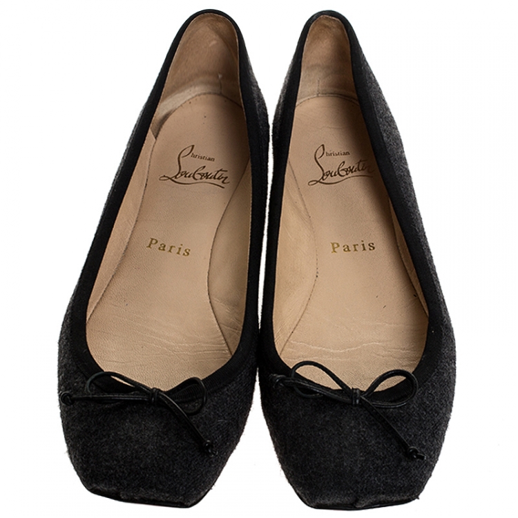 Pre Owned Christian Louboutin Grey Wool And Black Grosgrain Trim Rosella Bow Ballet Flats Size 38.5