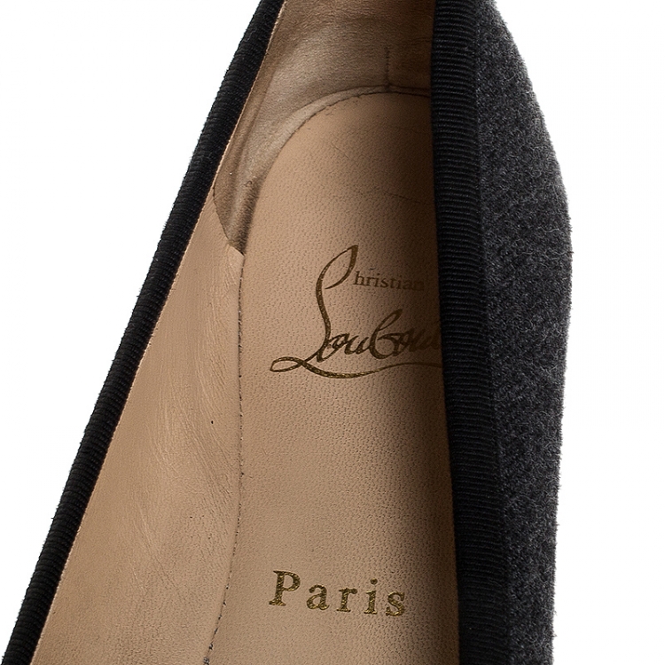 Pre Owned Christian Louboutin Grey Wool And Black Grosgrain Trim Rosella Bow Ballet Flats Size 38.5