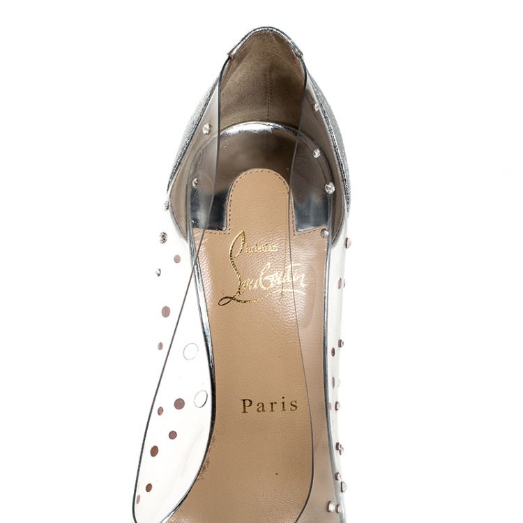 Pre Owned Christian Louboutin Metallic Silver Leather And PVC Degrastrass Crystal Embellished Pumps Size 38.5