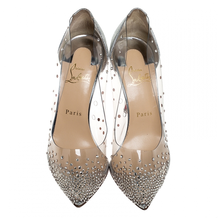 Pre Owned Christian Louboutin Metallic Silver Leather And PVC Degrastrass Crystal Embellished Pumps Size 38.5